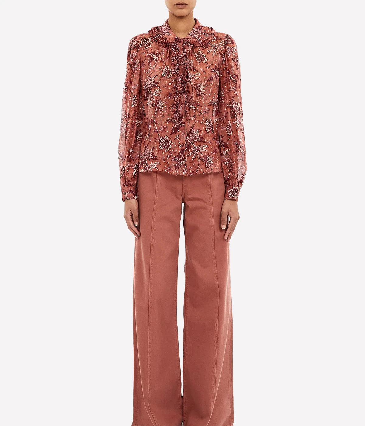 Nina Ruffle Placket Btn Front Blouse in Oleander