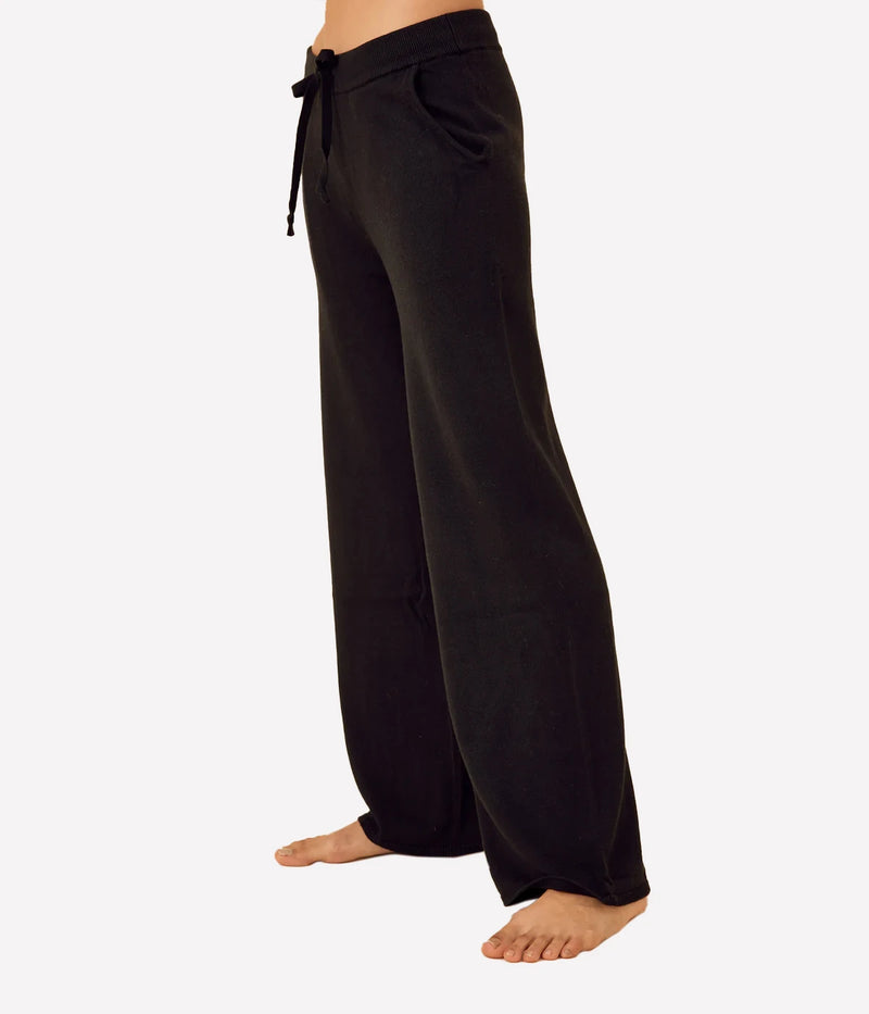 One Grey Day Bianca Pant in Black, wide-leg cotton-blend lounge pant with drawstring waist, close-up side view, luxury womenswear