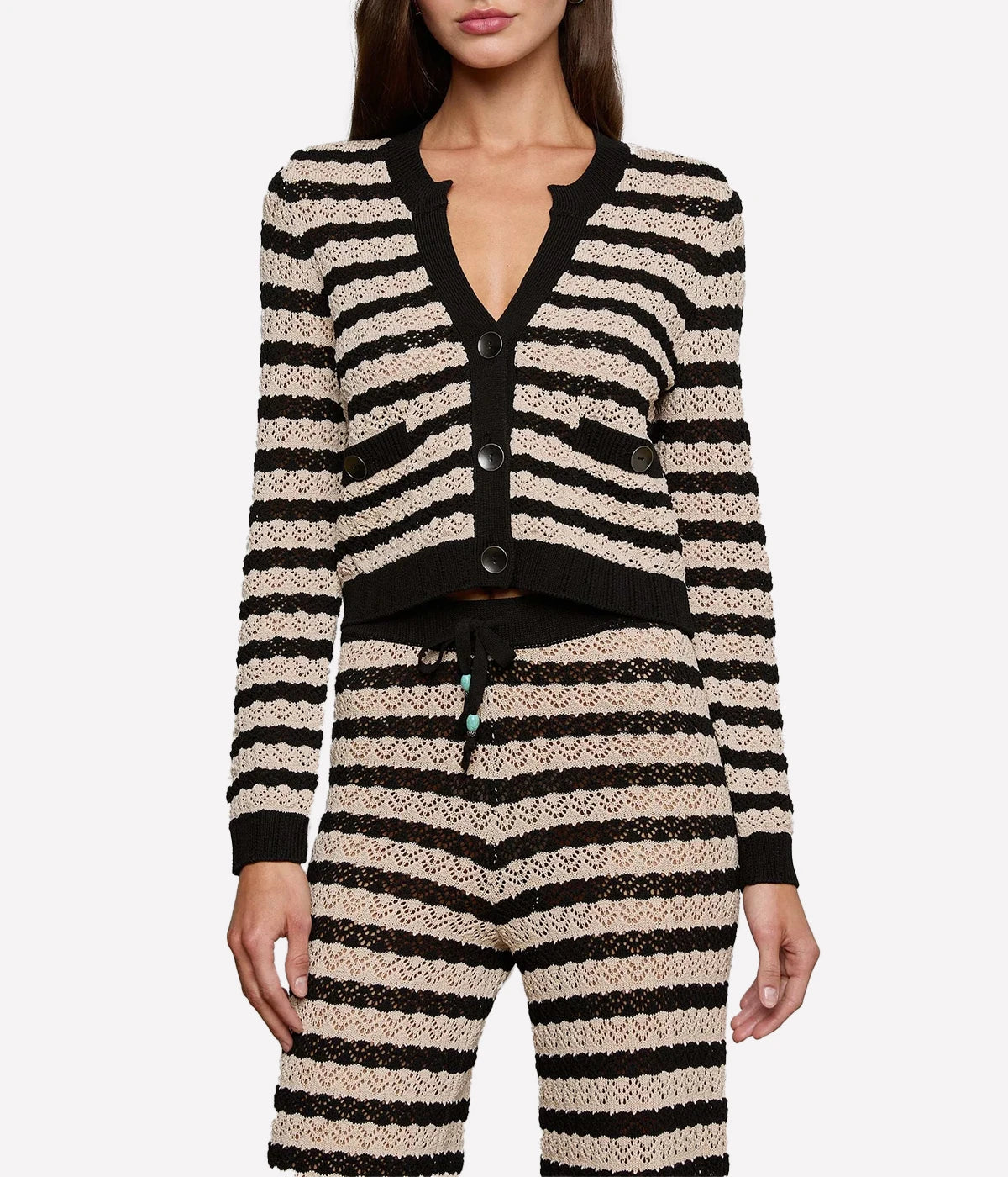 Orla Pintelle Knit Cardi in Black Natural Stripe