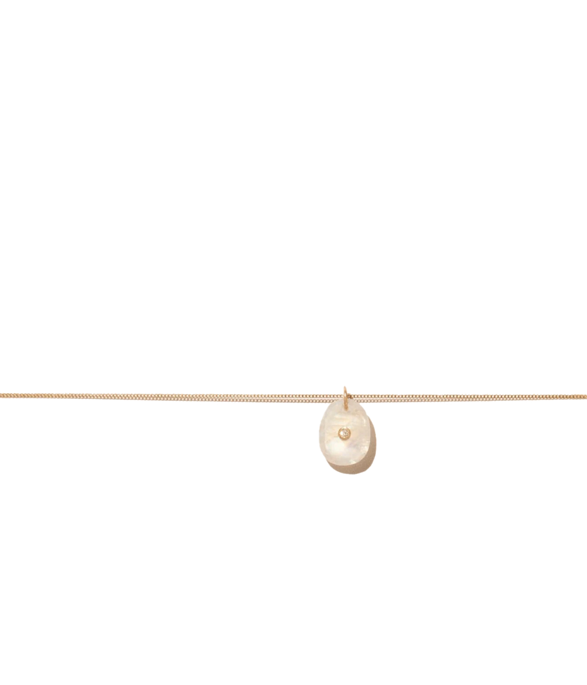 Pascale Monvoisin Orso Moonstone Necklace laid flat, showing the fine gold chain and single smooth oval moonstone pendant