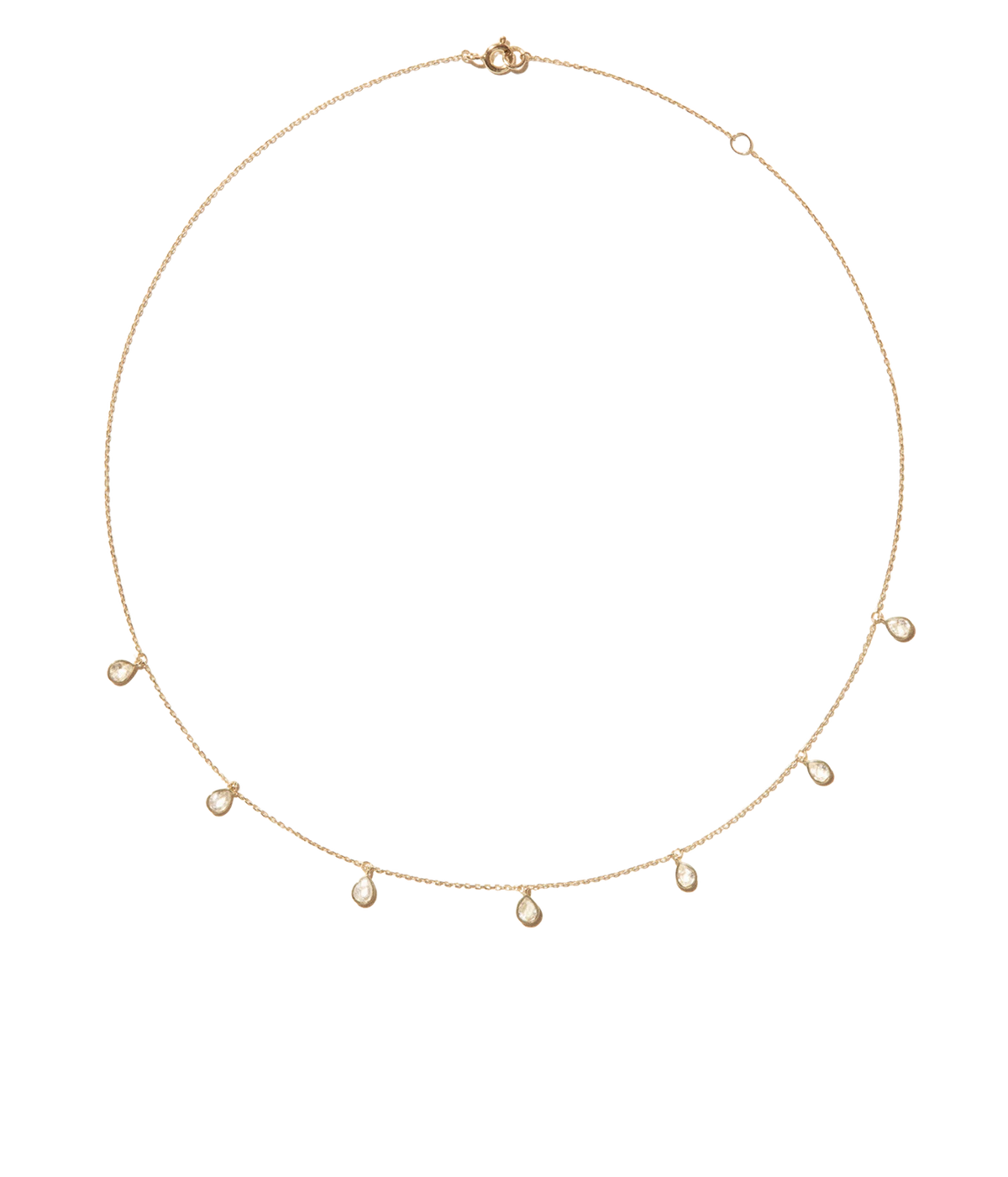 Pascale Monvoisin Palerme White Sapphire Necklace laid out in a full circle, showing the clasp at the top and the white sapphire drops along the lower half