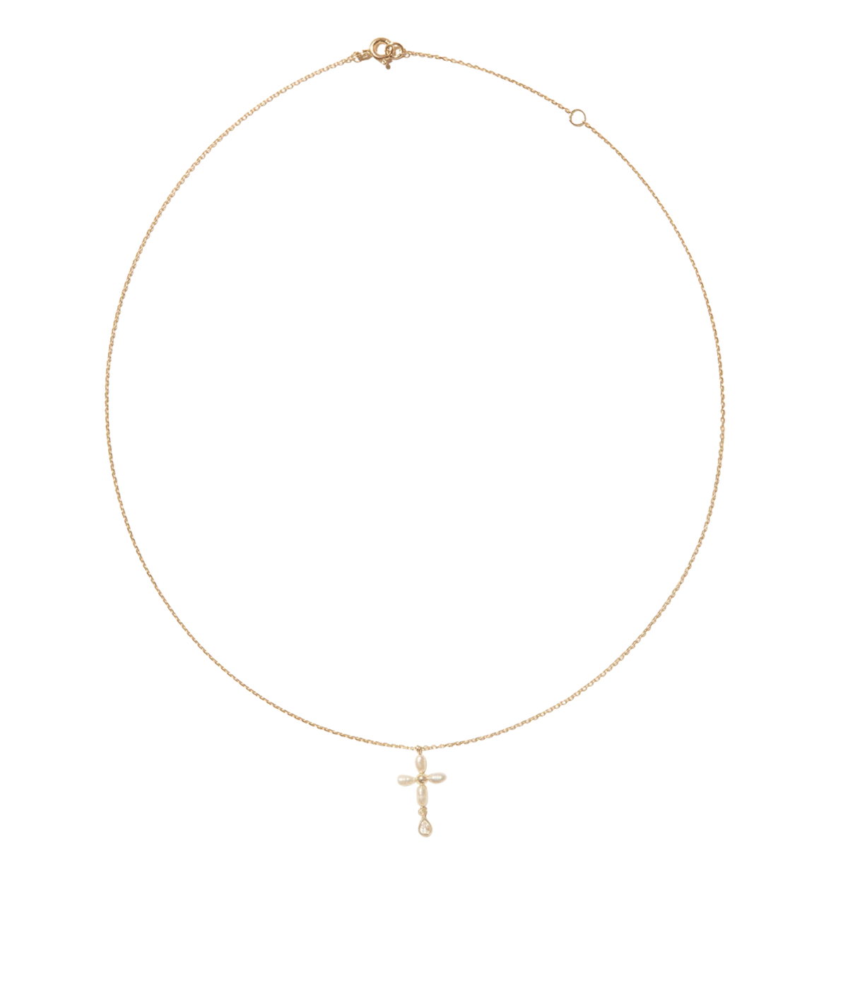 Pascale Monvoisin Palerme White Pearl Necklace laid out in a full circle, showing the clasp at the top and the pearl cross pendant at the bottom