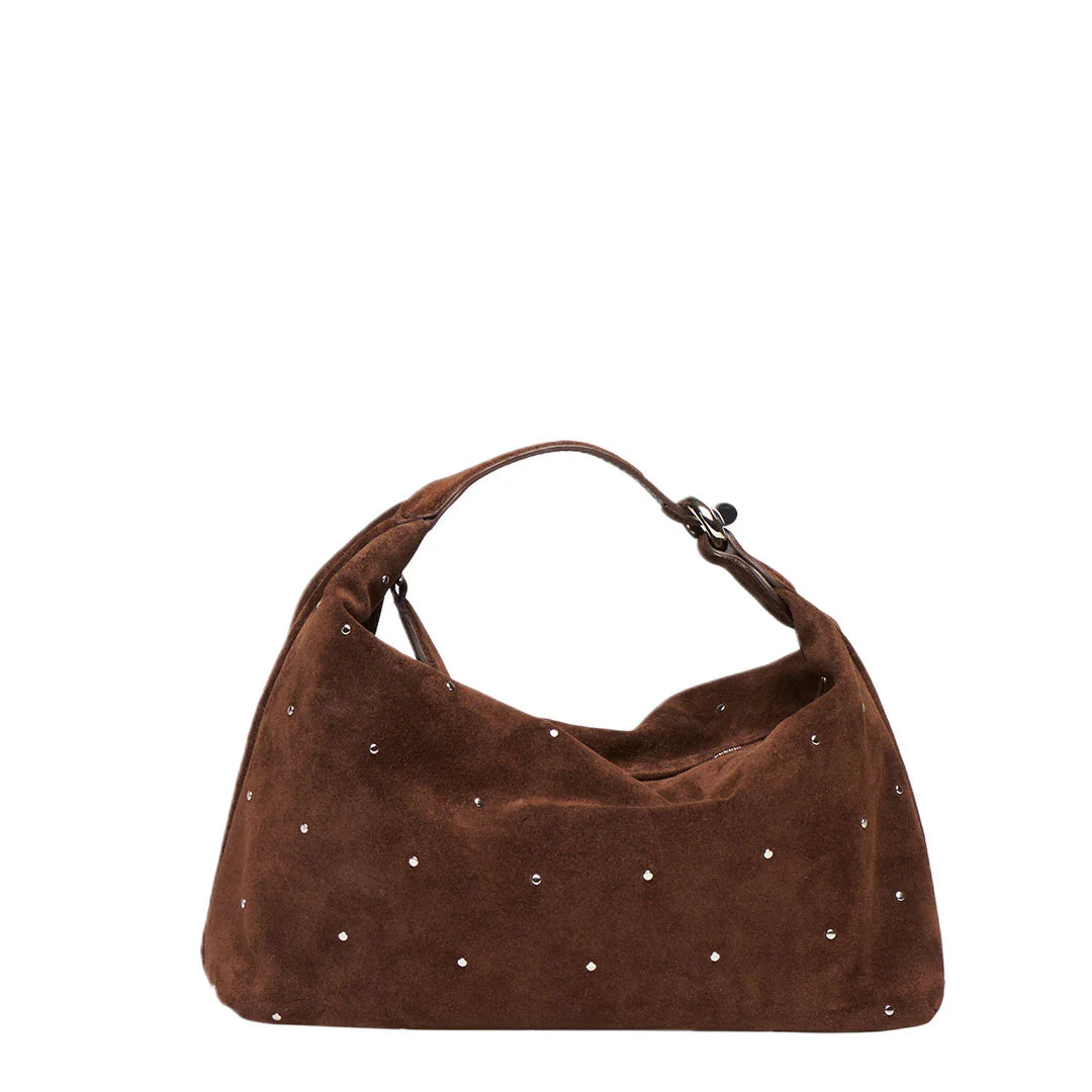 ALT text: Soft suede Pillow Pouch evening bag with jewellery-inspired hardware and plush cushioning.