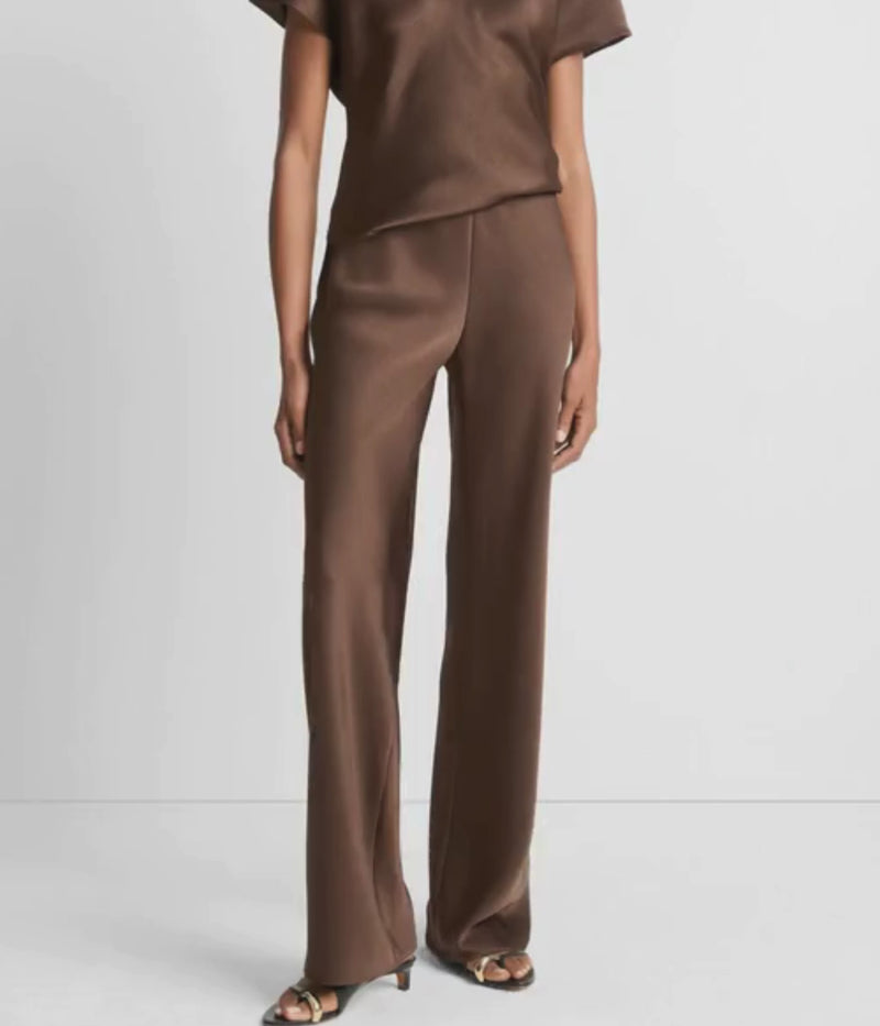 Vince High Waist Fluid Satin Bias Pant in Espresso styled with a matching satin top, full-length front and back view.