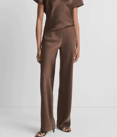 Vince High Waist Fluid Satin Bias Pant in Espresso styled with a matching satin top, full-length front and back view.