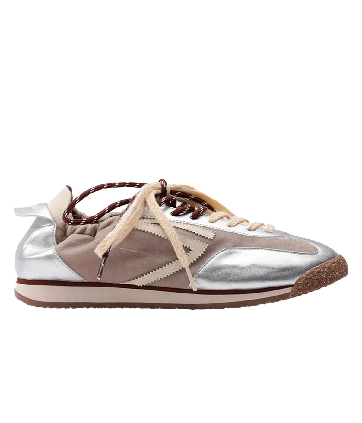 Puraai 6.02 Panther Sneaker in Radio - product flat lay with silver detailing and suede look beige outer