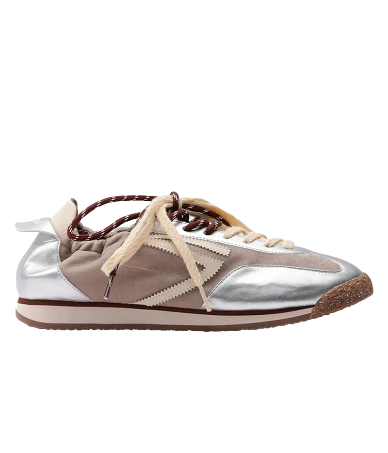 Puraai 6.02 Panther Sneaker in Radio - product flat lay with silver detailing and suede look beige outer