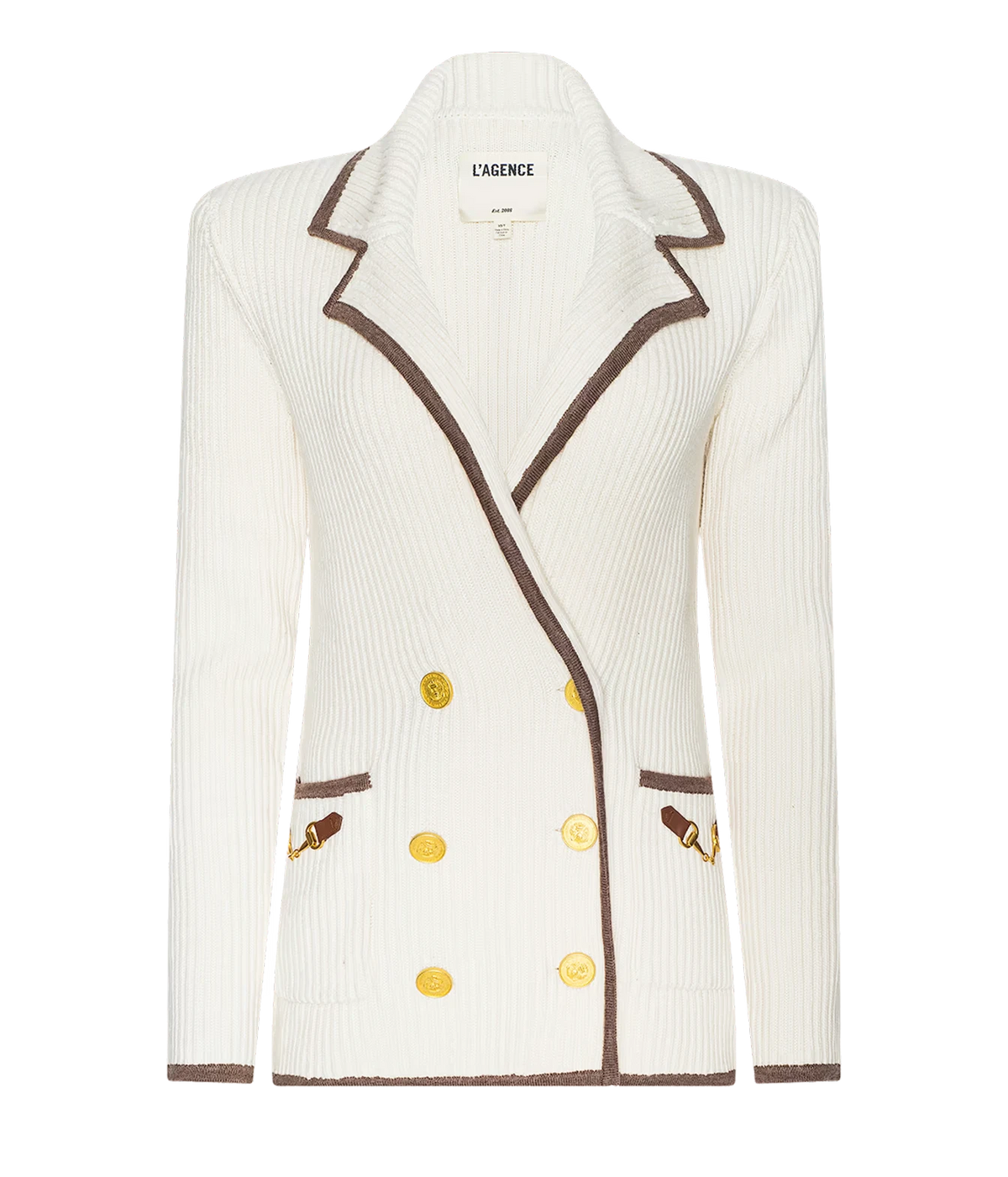 Ranch Knit Blazer In Ivory & Dark Cappuccino by L'Agence, featuring dark brown contrast piping and gold-tone buttons.