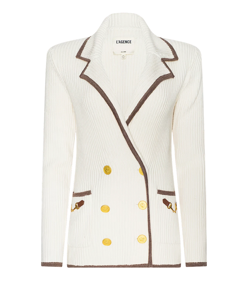 Ranch Knit Blazer In Ivory & Dark Cappuccino by L'Agence, featuring dark brown contrast piping and gold-tone buttons.