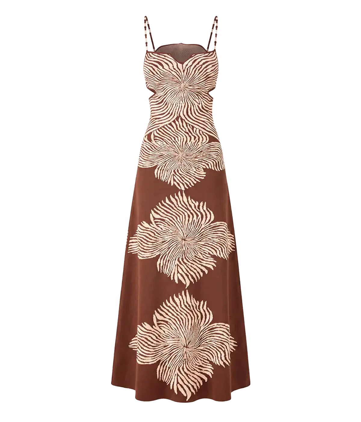 Alexis Rayana Dress In Brown Blossom shown flat from the front, showing the thin shoulder straps, sweetheart neckline and fitted column shape in a brown and cream abstract floral print