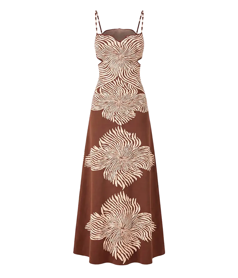 Alexis Rayana Dress In Brown Blossom shown flat from the front, showing the thin shoulder straps, sweetheart neckline and fitted column shape in a brown and cream abstract floral print
