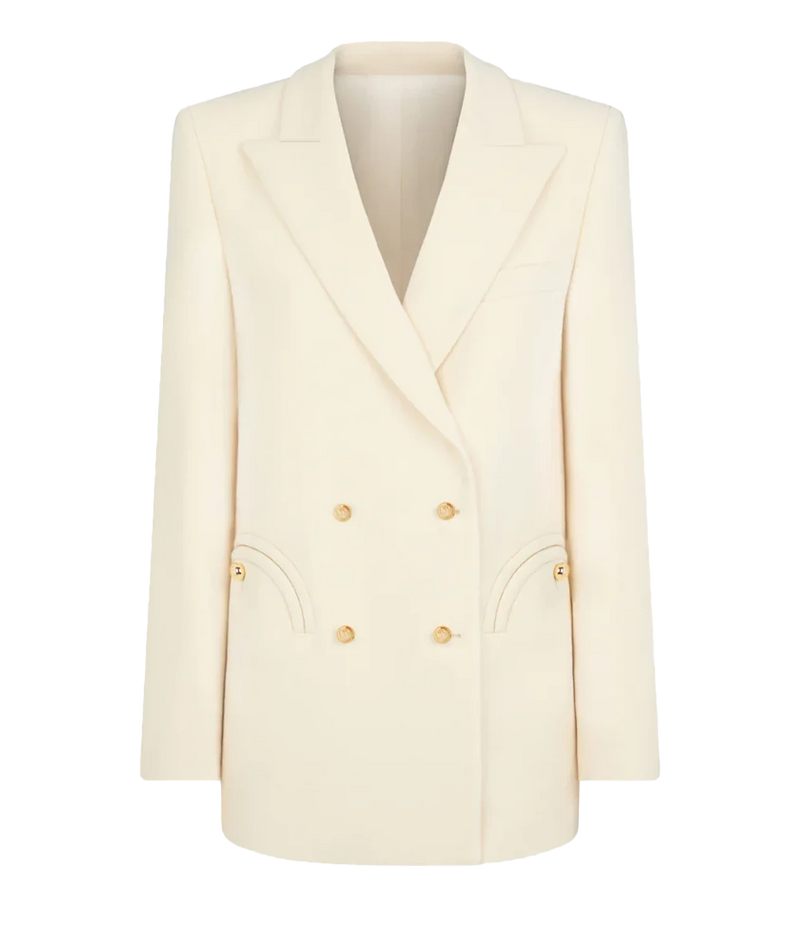 Front product view of the BLAZÉ Milano Resolute Everyday Double-Breasted Blazer in Cream, showing the peak lapels, golden buttons and smiley pockets