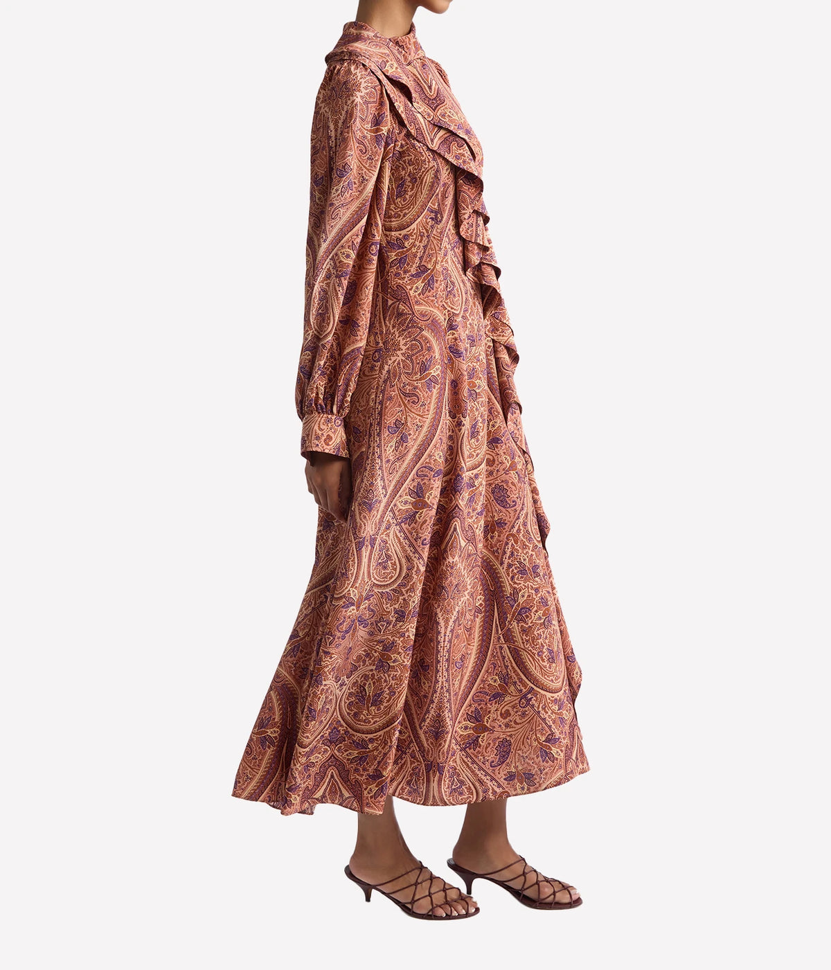 Model wearing Ulla Johnson Sabrina Long Sleeve Silk Dress in Rosette, side view