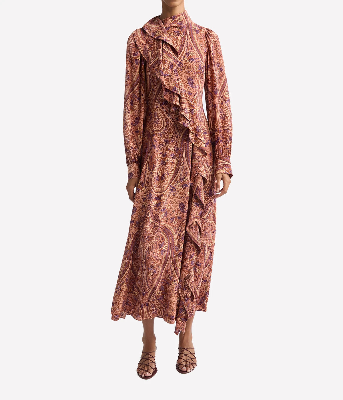 Model wearing Ulla Johnson Sabrina Long Sleeve Silk Dress in Rosette, front view