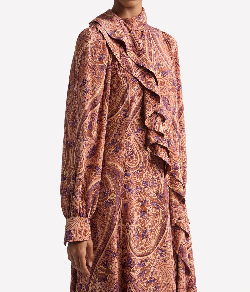 Close-up of Ulla Johnson Sabrina Long Sleeve Silk Dress in Rosette ruffle detailing