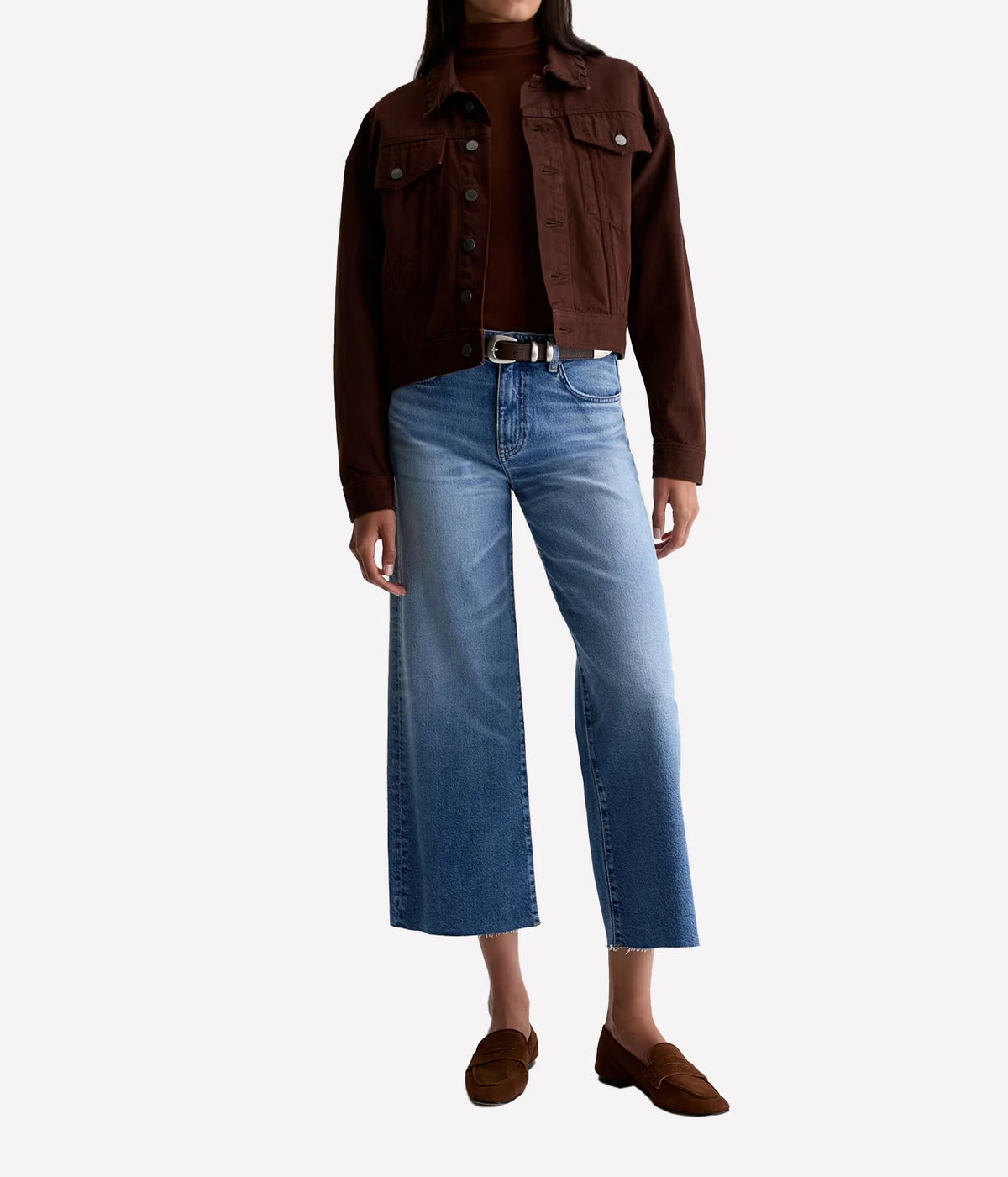 AG Jeans Saige Wide Leg Crop in 17 Years Duet, on model, full-length styled look