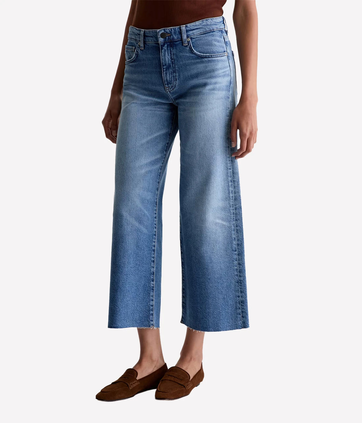 AG Jeans Saige Wide Leg Crop in 17 Years Duet, on model, angled front