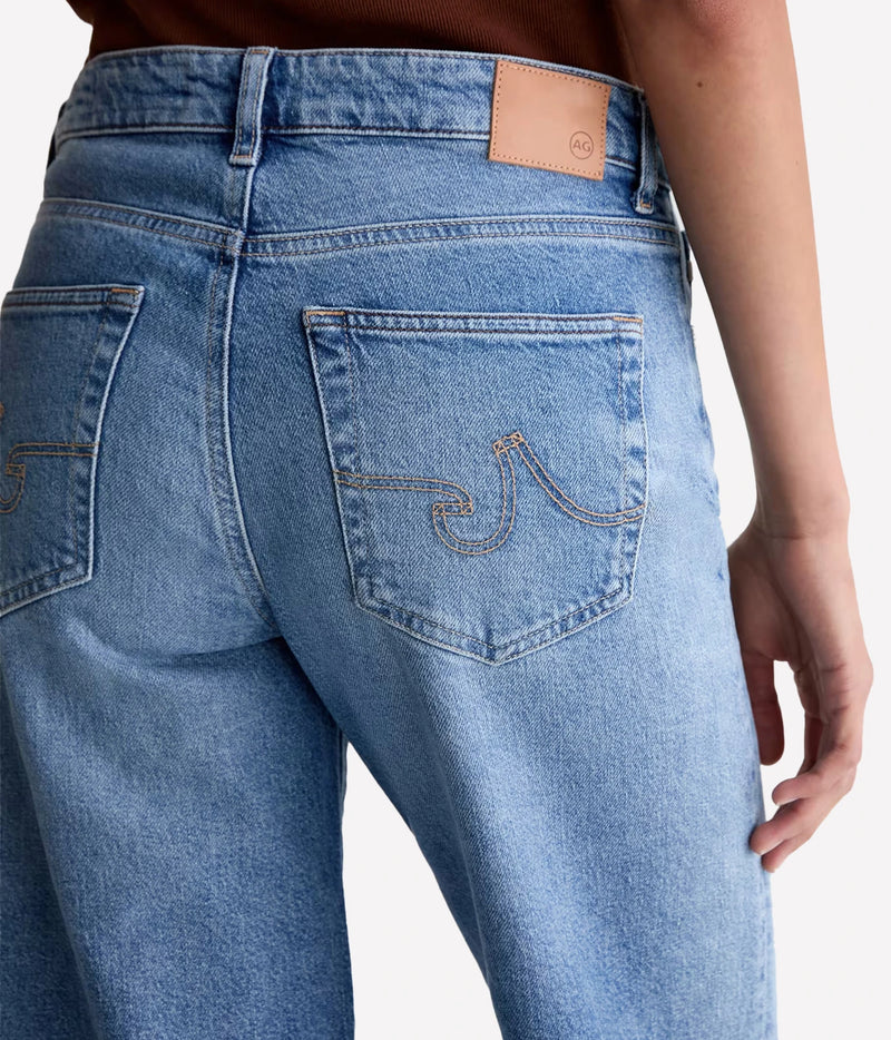 AG Jeans Saige Wide Leg Crop in 17 Years Duet, close-up of back pocket and patch