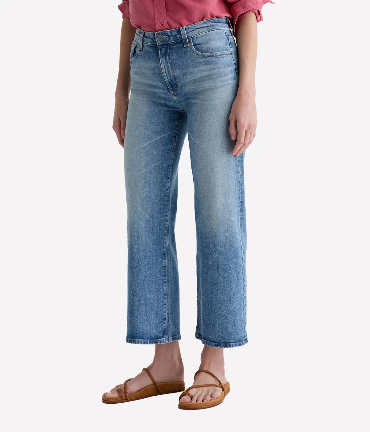 AG Jeans Saige Wide Leg Crop Jean in Helios, on model, angled front