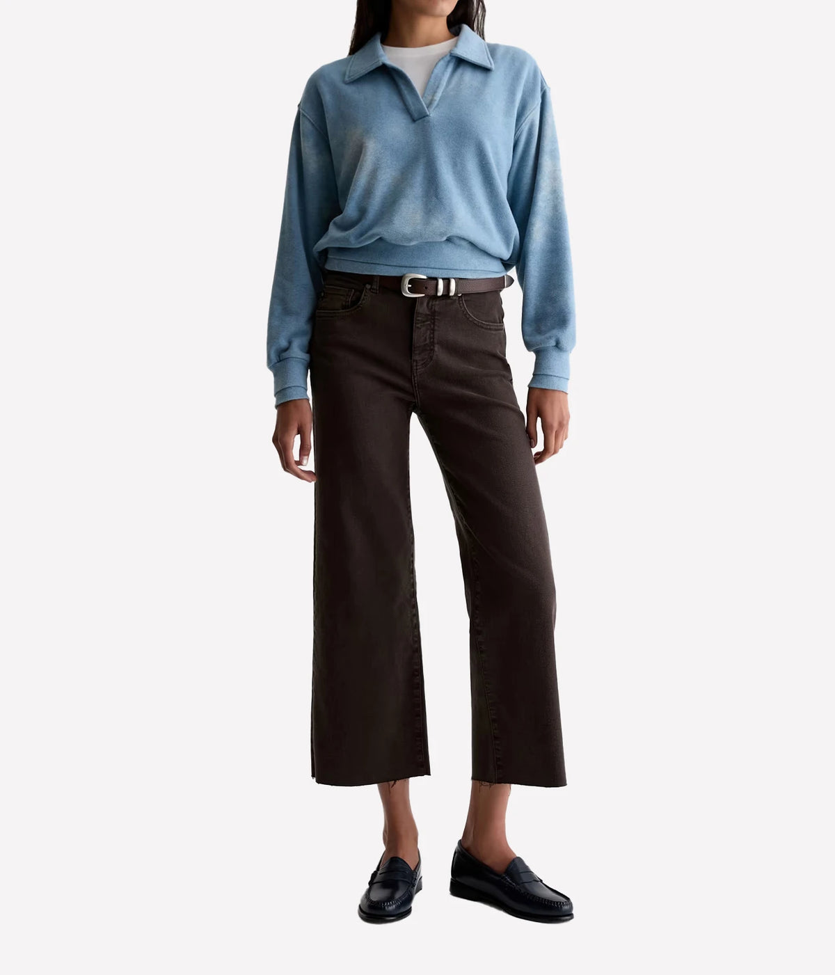 AG Jeans Saige Wide Leg Crop in Sulfur Burnt Umber, on model, full-length styled look