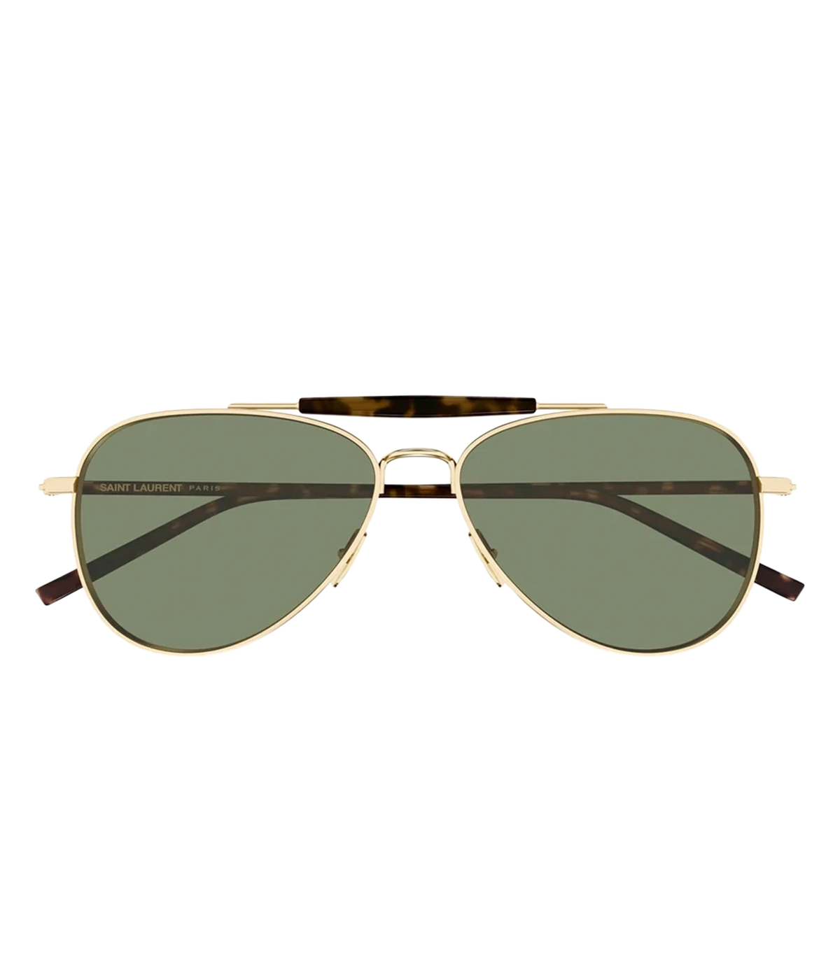 Saint Laurent Aviator Sunglasses in Gold with a gold-tone metal frame, double bridge, dark tortoiseshell temples and green tinted lenses.