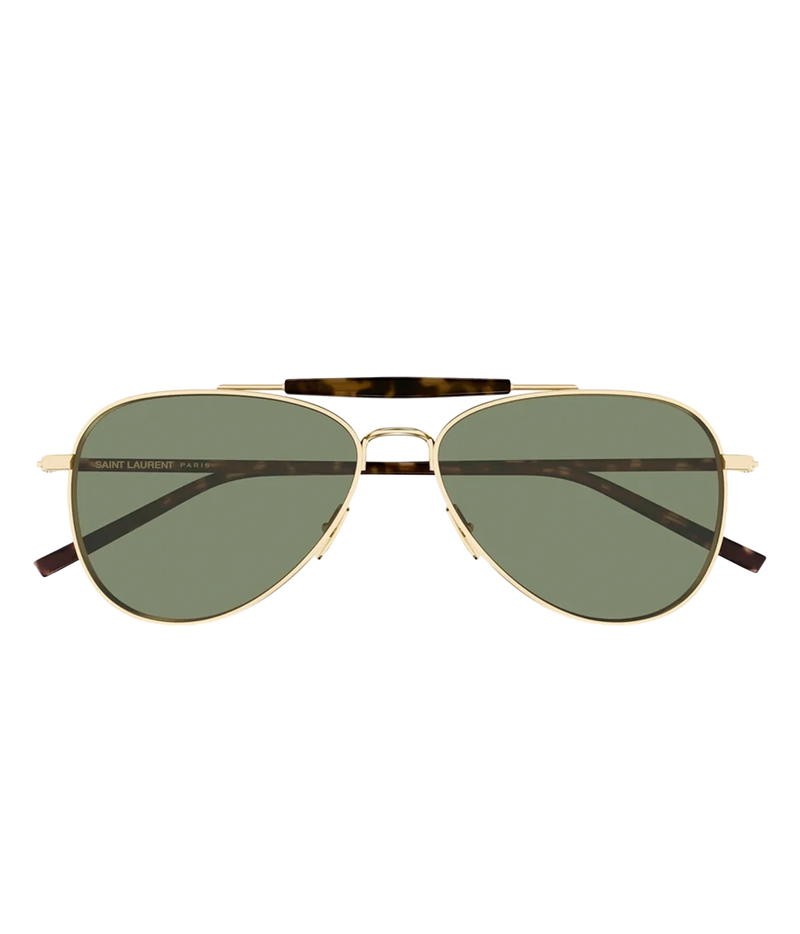 Saint Laurent Aviator Sunglasses in Gold with a gold-tone metal frame, double bridge, dark tortoiseshell temples and green tinted lenses.