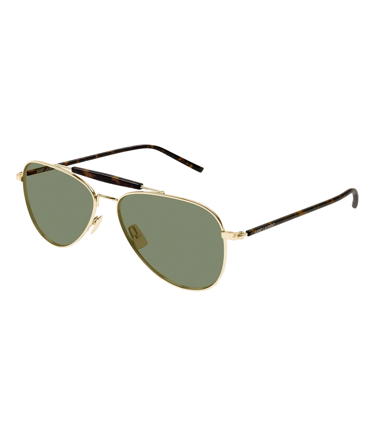 Saint Laurent Aviator Sunglasses in Gold with gold-tone metal frames, green-tinted lenses and tortoiseshell temples.