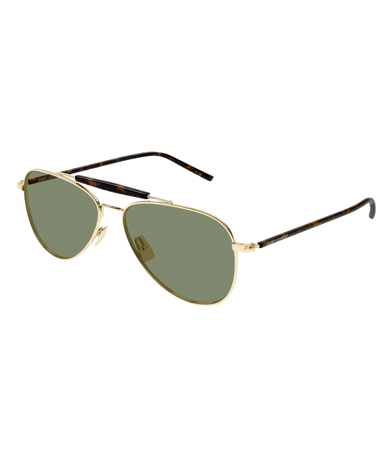 Saint Laurent Aviator Sunglasses in Gold with gold-tone metal frames, green-tinted lenses and tortoiseshell temples.