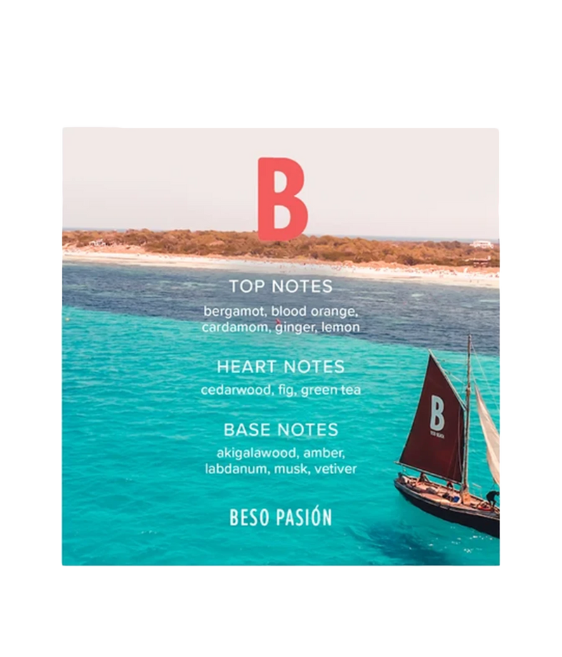 A square fragrance label or packaging graphic featuring a tropical beach scene with turquoise water, a sailboat, and a large red letter B. Text lists scent notes: Top Notes including bergamot, blood orange, cardamom, ginger, and lemon; Heart Notes including cedarwood, fig, and green tea; Base Notes including akigalawood, amber, labdanum, musk, and vetiver; and the name Beso Pasion.