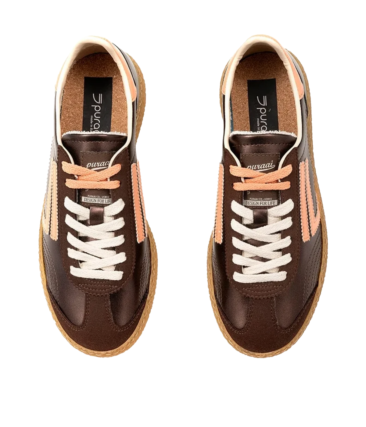 6.01 XS Sneaker in Sandstone Puraai - low-top sneakers shown from a top-down view with white laces, peach-pink side stripes, and a tan jute-wrapped sole.