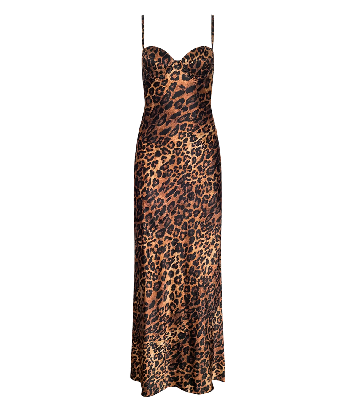 A leopard print silk maxi dress with spaghetti straps and a sweetheart neckline, shown against a plain white background.