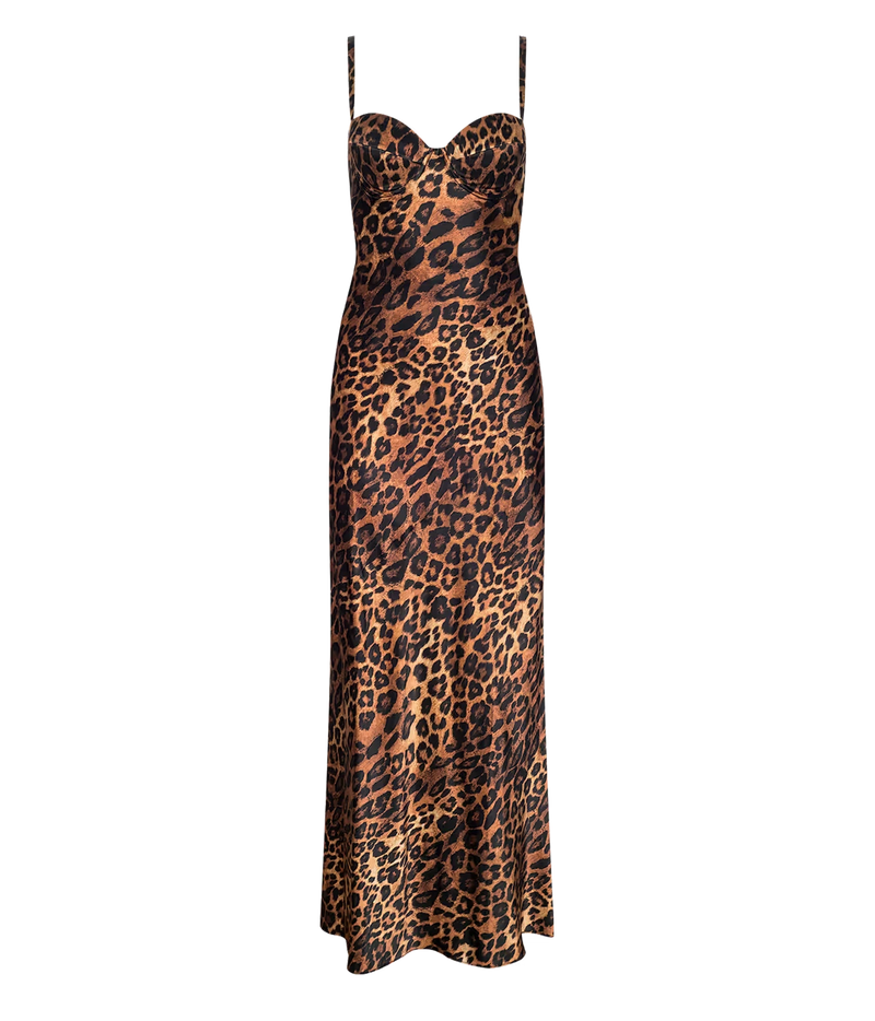 A leopard print silk maxi dress with spaghetti straps and a sweetheart neckline, shown against a plain white background.