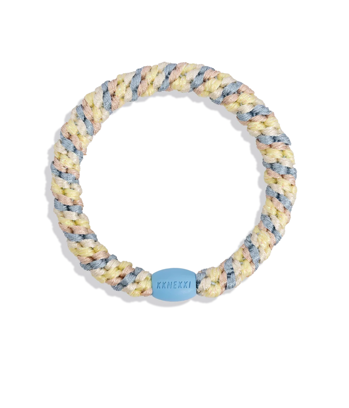 A multicolour braided elastic hair tie with a blue plastic end cap featuring the brand name 'kknekki' embossed