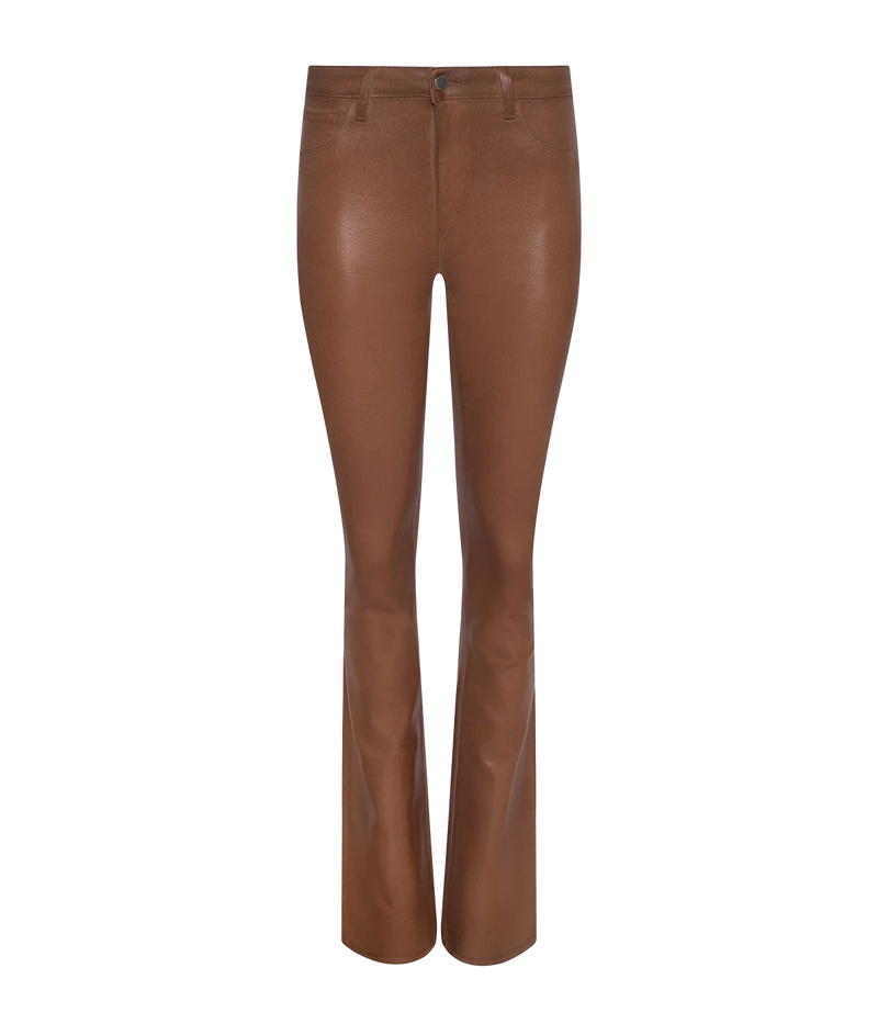A flat lay of the L'AGENCE Selma Coated Bootcut Jean in Cognac 