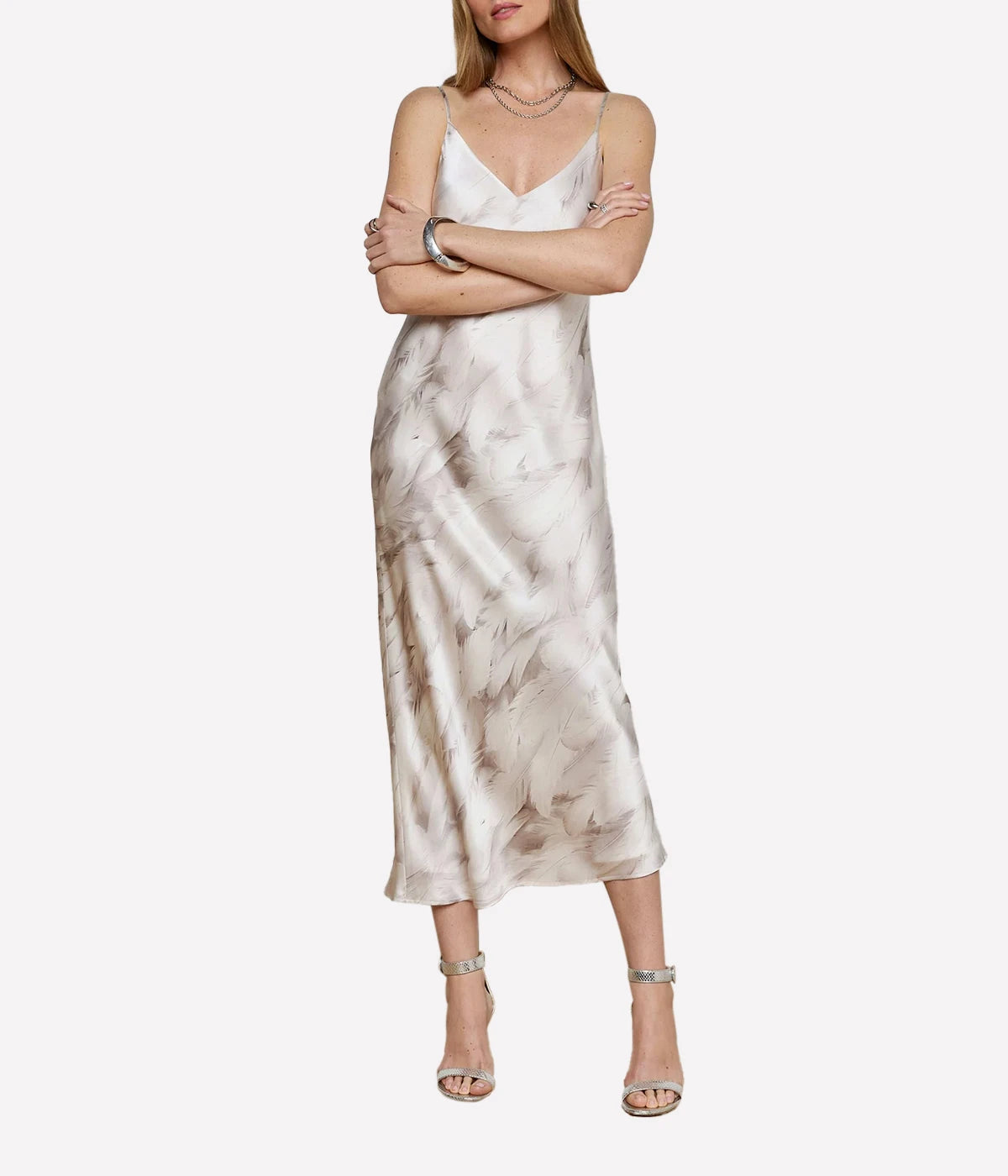 Seridie Midi Slip Dress in White Feather Print