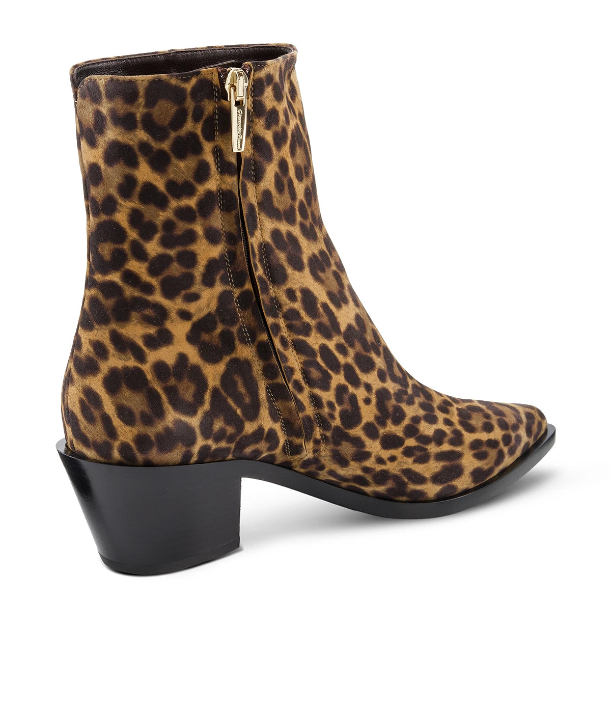 A chic ankle boot in leopard print with a 45mm block heel, made from pony-hair leather, styled as a bold accessory for neutral or monochromatic outfits.