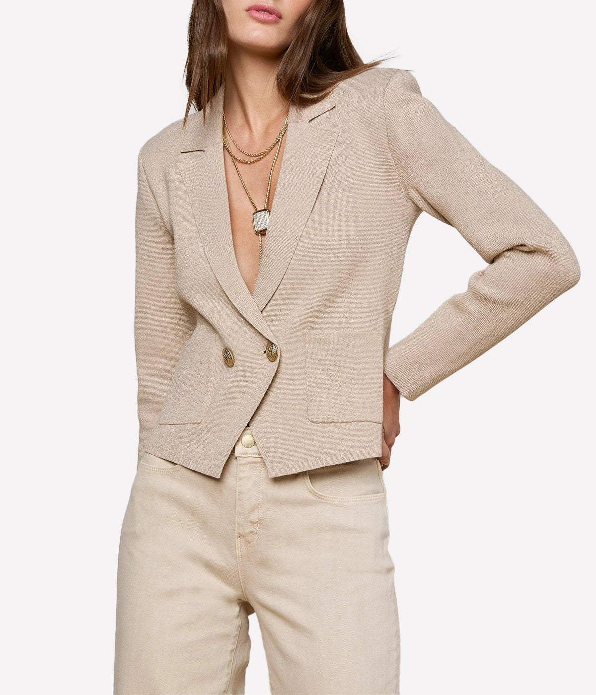 Sofia Metallic Knit Blazer in Pale Khaki Gold