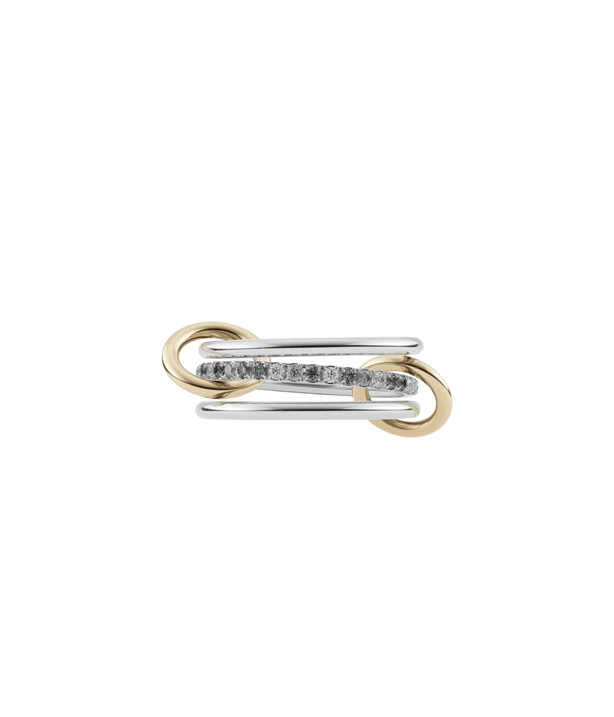 Spinelli Kilcollin Sonny SG Gris Ring laid flat, showing sterling silver bands and a centre band of grey diamonds, linked by two yellow gold connectors