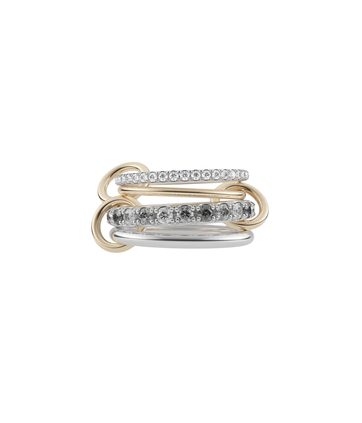Spinelli Kilcollin Arla Ring laid flat, showing linked sterling silver and diamond-set bands, including a white diamond pavé band and a band of grey diamonds, joined by yellow gold connectors