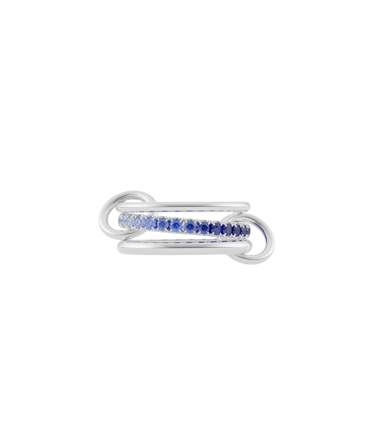 Spinelli Kilcollin Petunia SS Ring laid flat, showing three sterling silver bands linked by two connectors, with the centre band set with blue ombré sapphires