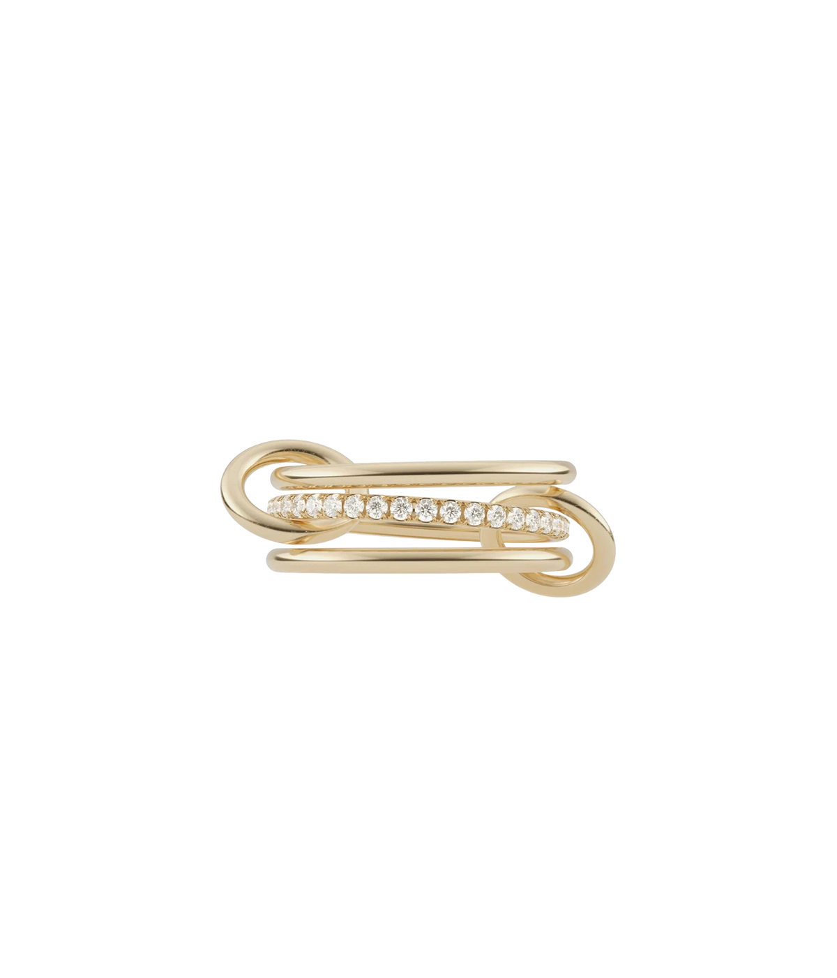 Spinelli Kilcollin Sonny YG Ring laid flat, showing three yellow gold bands linked by two connectors, with the centre band set with white diamonds