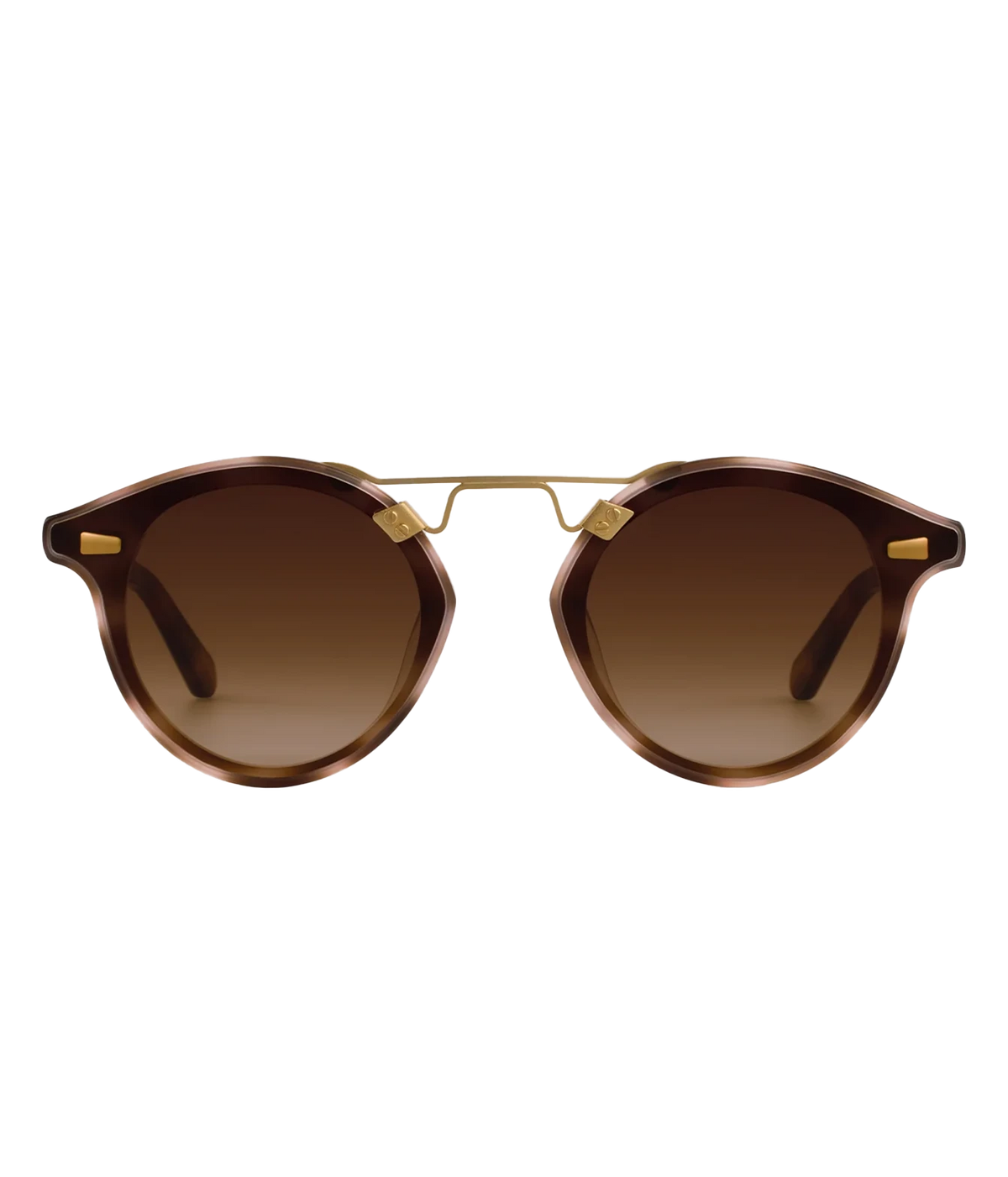 Front view of the KREWE STL Nylon Sunglasses in 18K Matte Blush Tortoise, showing the round frames, gold bridge and brown gradient lenses