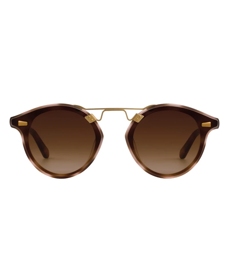 Front view of the KREWE STL Nylon Sunglasses in 18K Matte Blush Tortoise, showing the round frames, gold bridge and brown gradient lenses