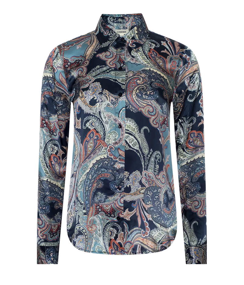 L'agence Tyler L/S Blouse in Midnight Multi Besarabian Paisley - long sleeve silk blouse in blue paisley colourway