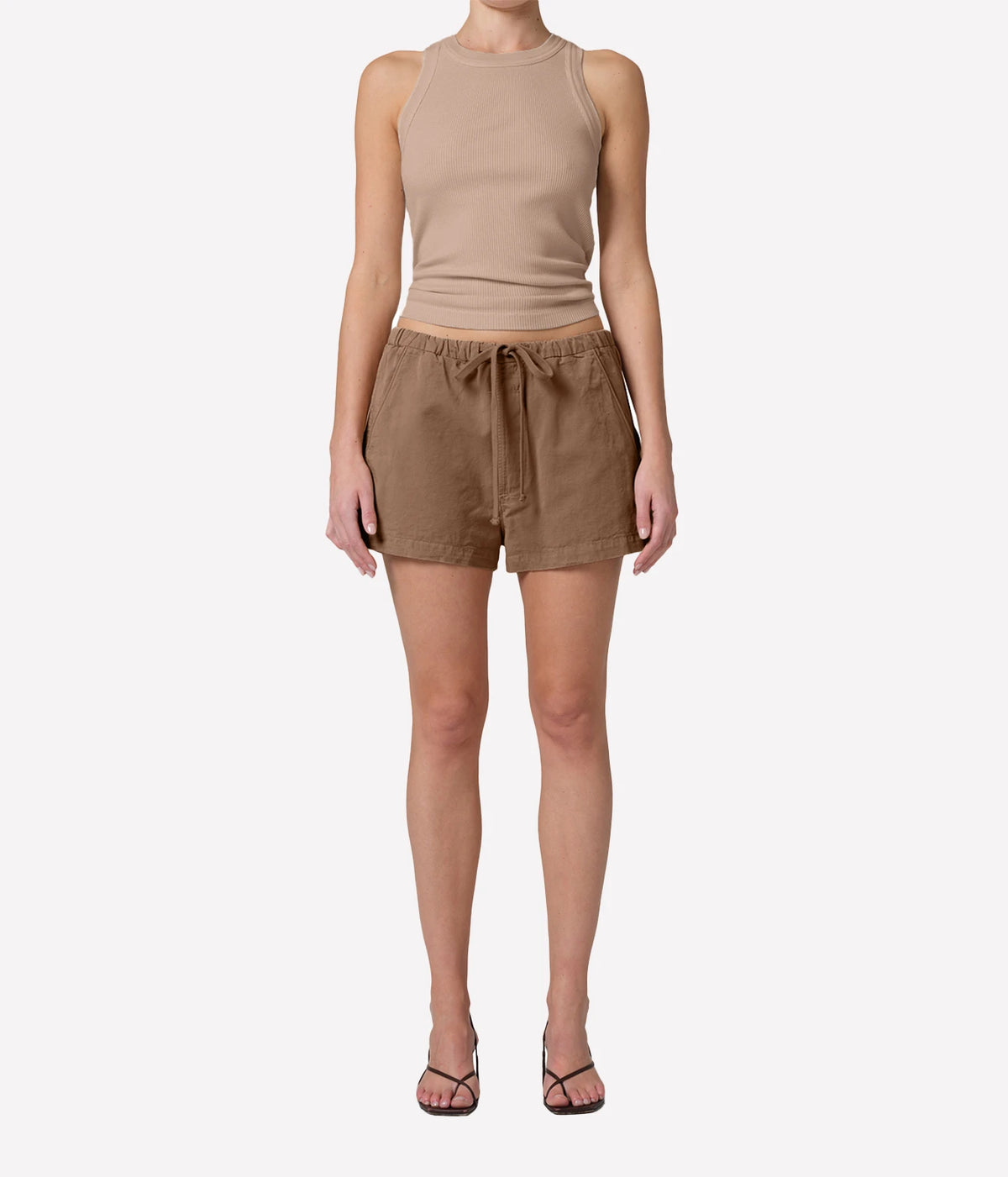 Este Drawstring Short in Cocoa full body shot of model wearing mid-rise brown shorts with drawstring
