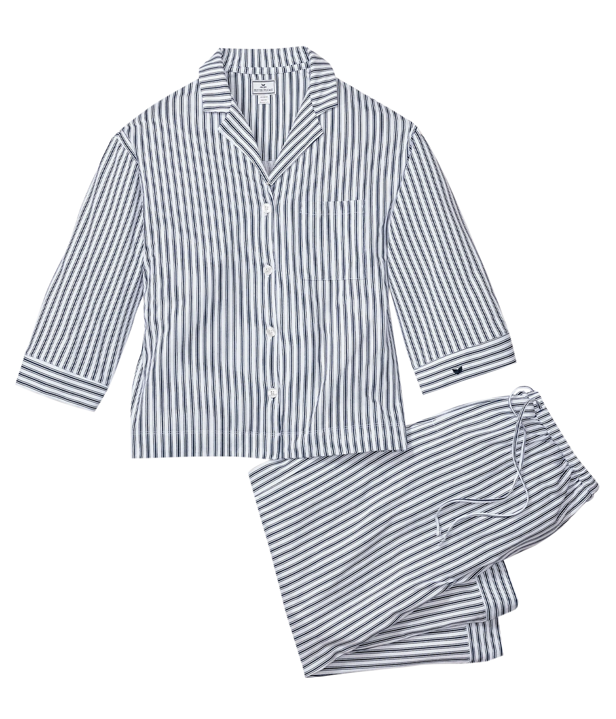 Petite Plume Olivia Pima Long Pyjama Set in Navy laid flat, showing the three-quarter sleeve button front shirt with a notched collar and the matching pants in a navy and white stripe