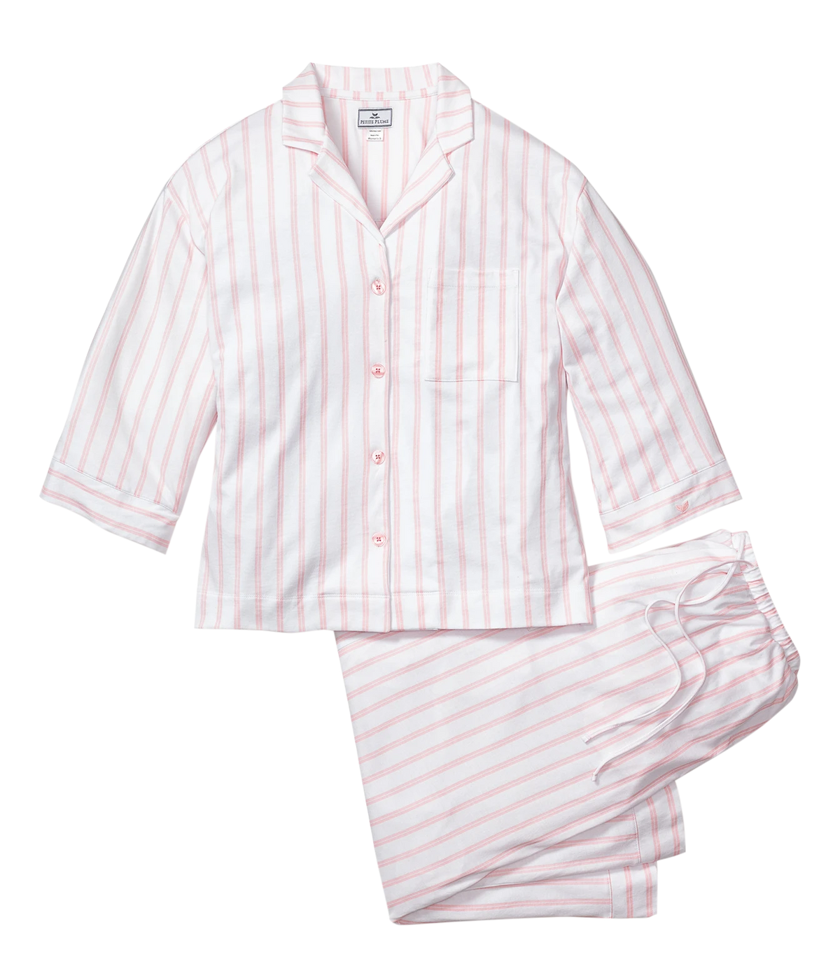 Petite Plume Olivia Pima Long Pyjama Set in Pink Stripe laid flat, showing the three-quarter sleeve button front shirt with a chest pocket and white piping and the matching drawstring pants in a pink and white stripe