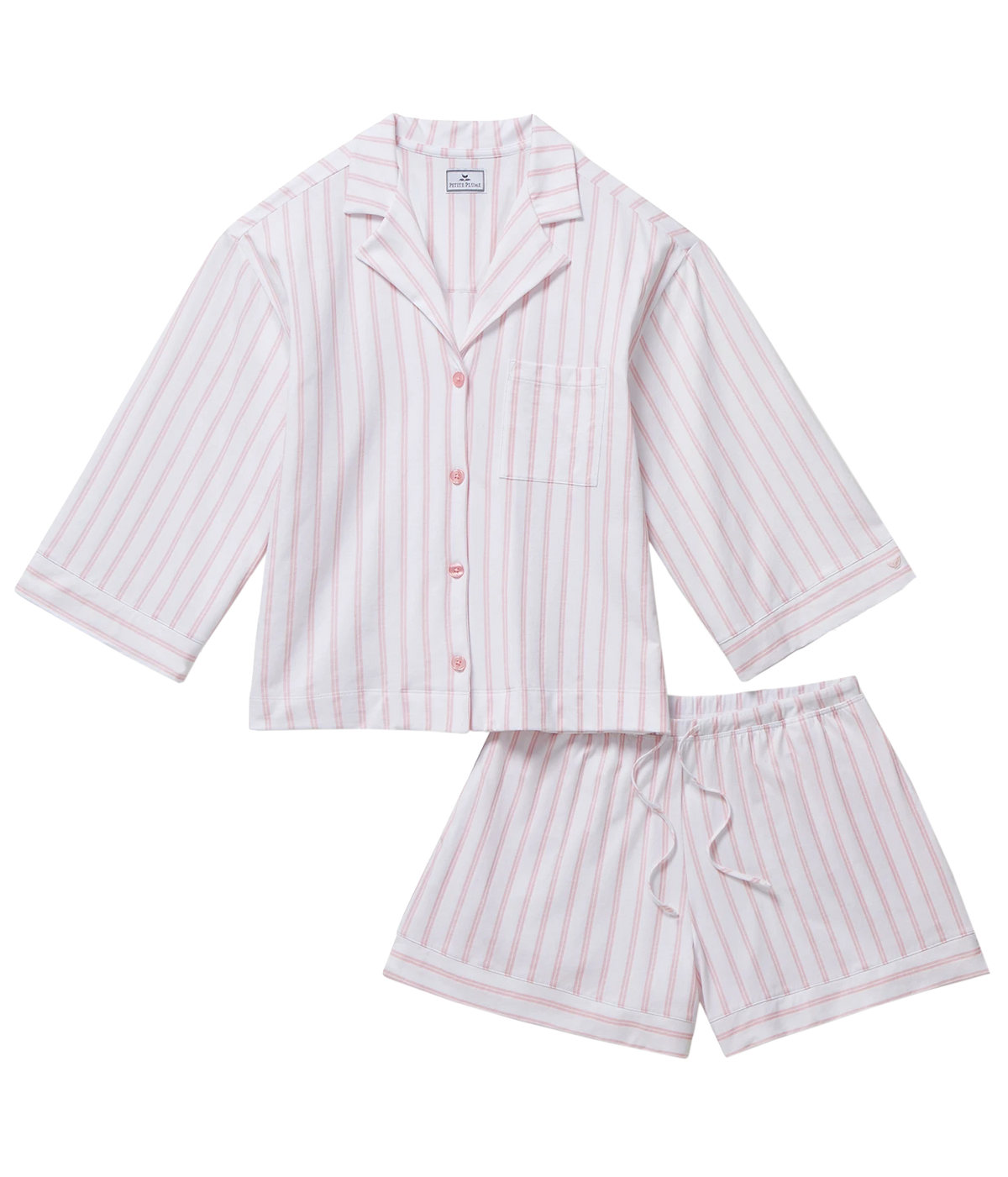 Petite Plume Olivia Pima Short Pyjama Set in Pink Stripes laid flat, showing the three-quarter sleeve button front shirt with a chest pocket and pink buttons and the matching drawstring shorts with piped hems in a pink and white stripe