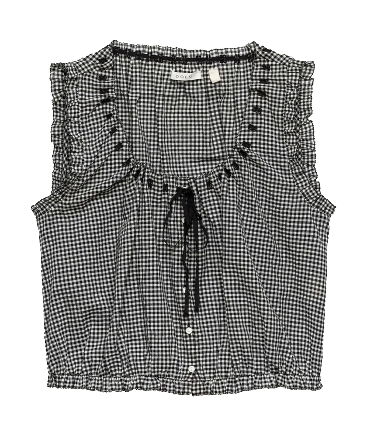 DÔEN Traveler Top in Noir La Maddalena Gingham, product view featuring the gingham check, scoop neckline, ribbon detailing.
