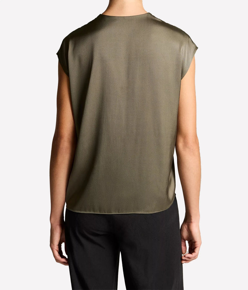 Woman wearing a pine grove double V-neck shell top, back view